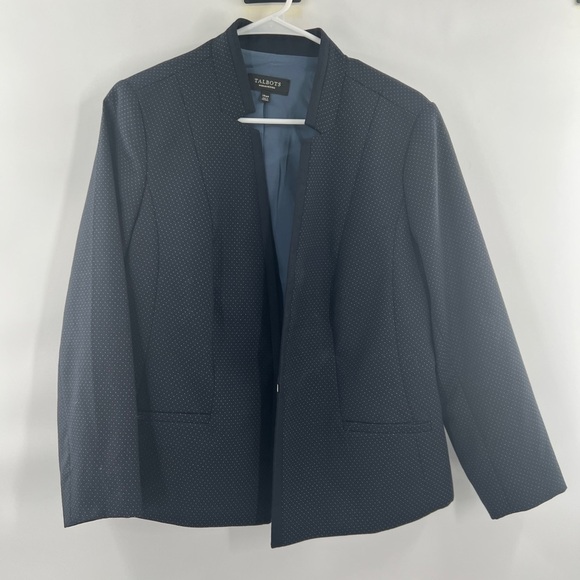 Talbots Aberdeen Wool Blend Blazer Navy Blue Jacket Lined Mini Dot Size 14WP New - Picture 1 of 8